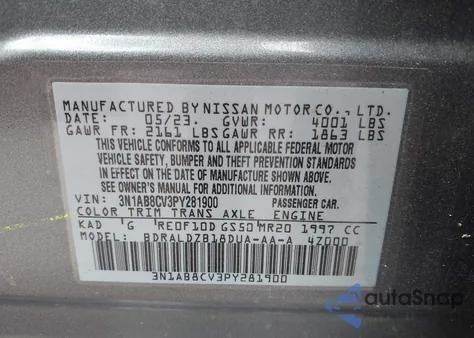 2023 Nissan Sentra Sv Xtronic Cvt z USA, uszkodzony, nr VIN 3N1AB8CV3PY281900